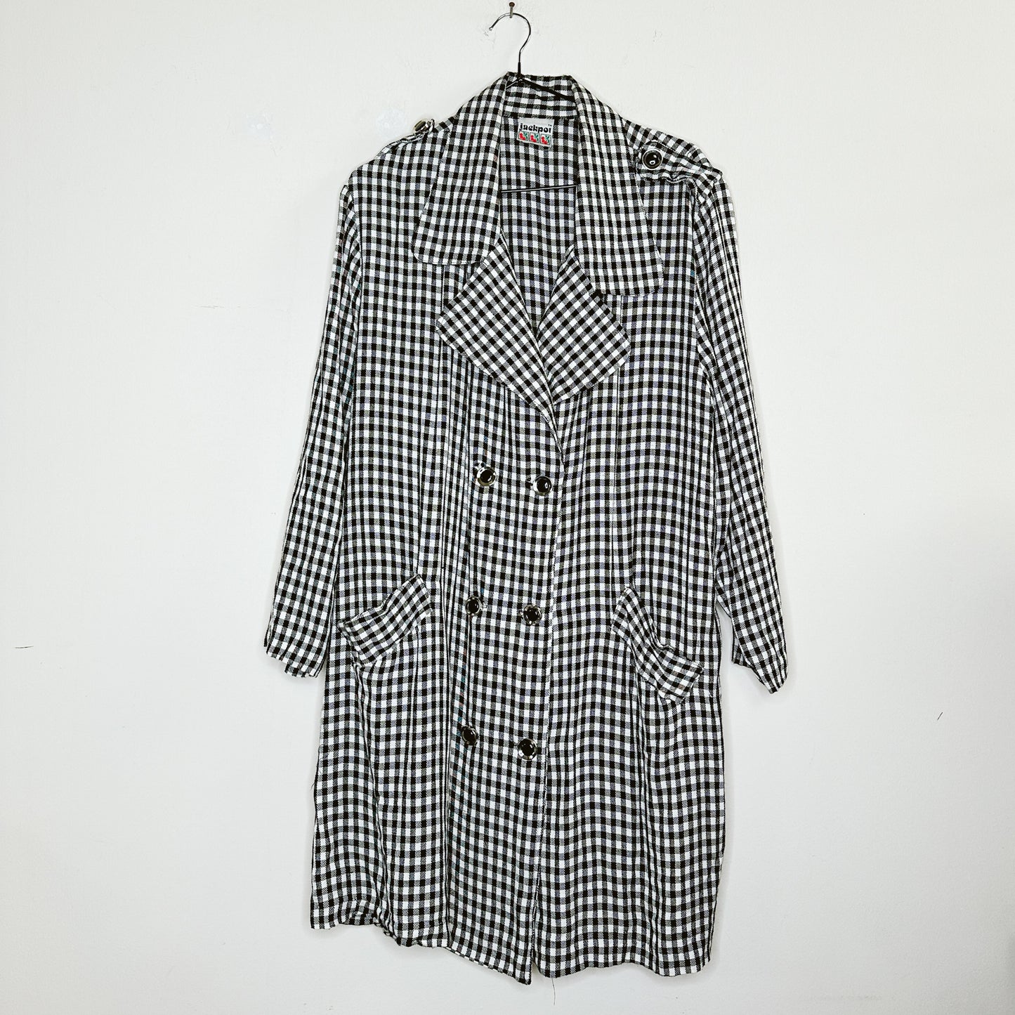 80's Gingham Plaid Black and White Trench Coat | L