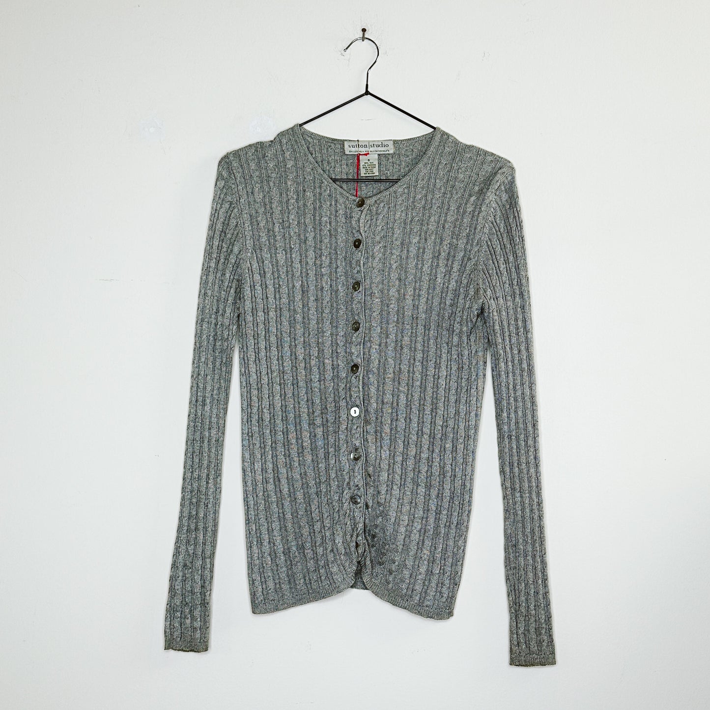 90's Gray Cable Knit Fitted Cardigan | S