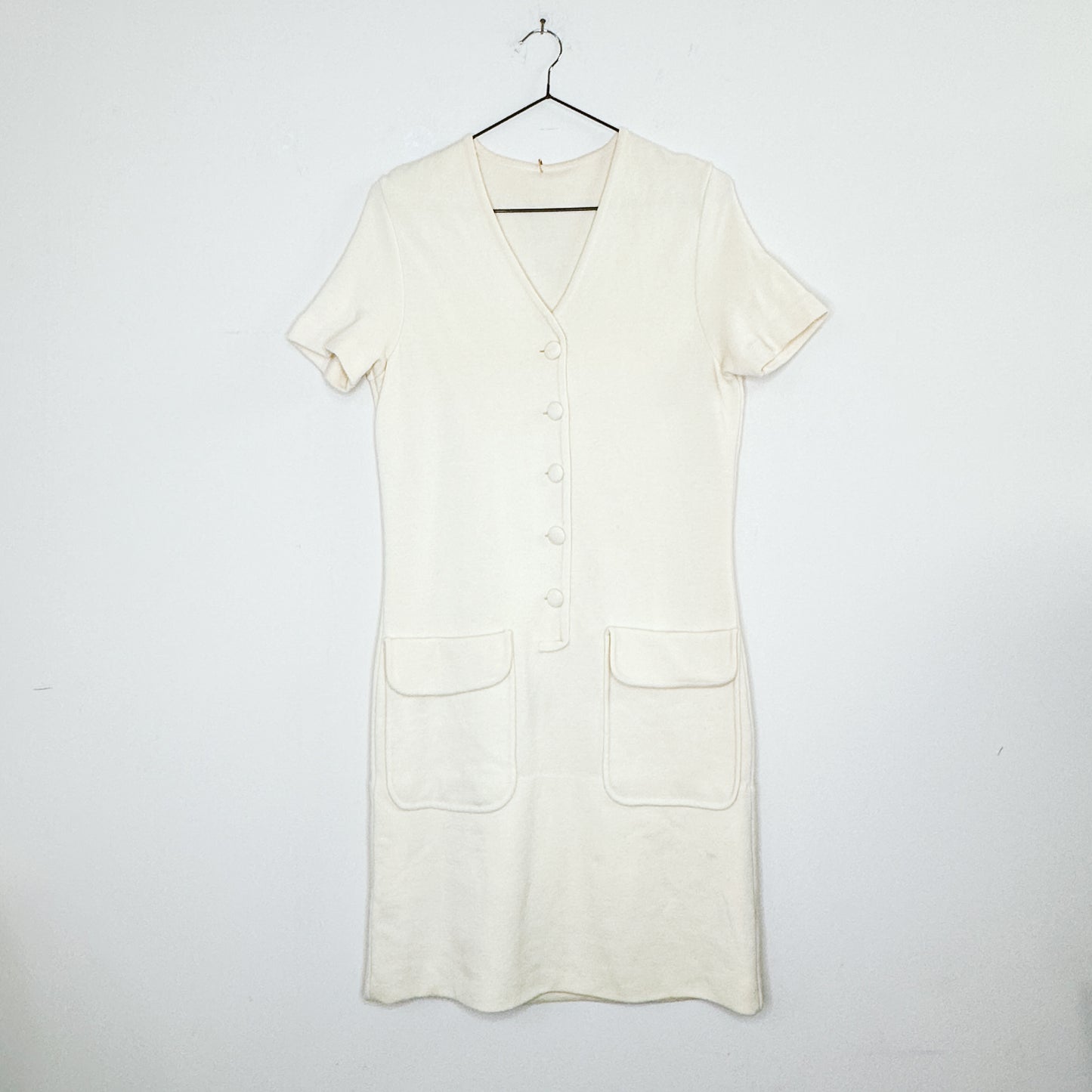 Button Down Cream V-Neck Knit Dress | S