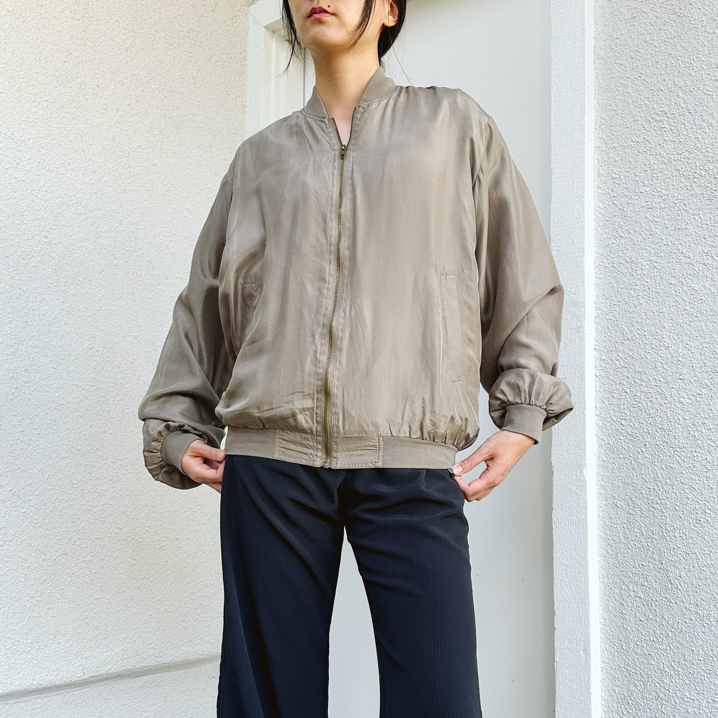 Men's 80's Khaki Silk Bomber Jacket | M