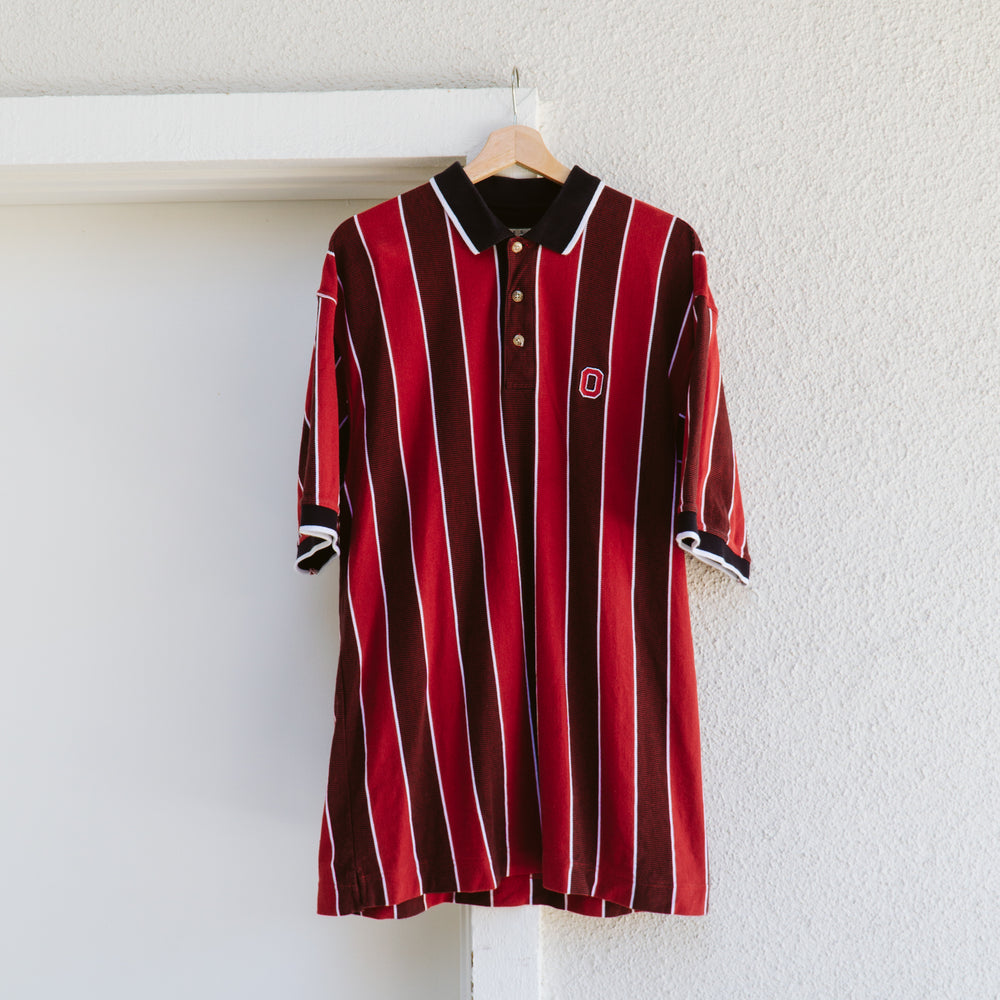 Men's 90's Red Vertical Stripe Polo Shirt | XL