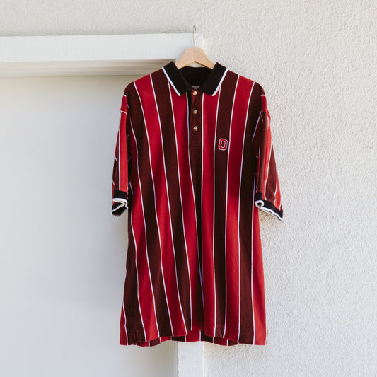 Men's 90's Red Vertical Stripe Polo Shirt | XL