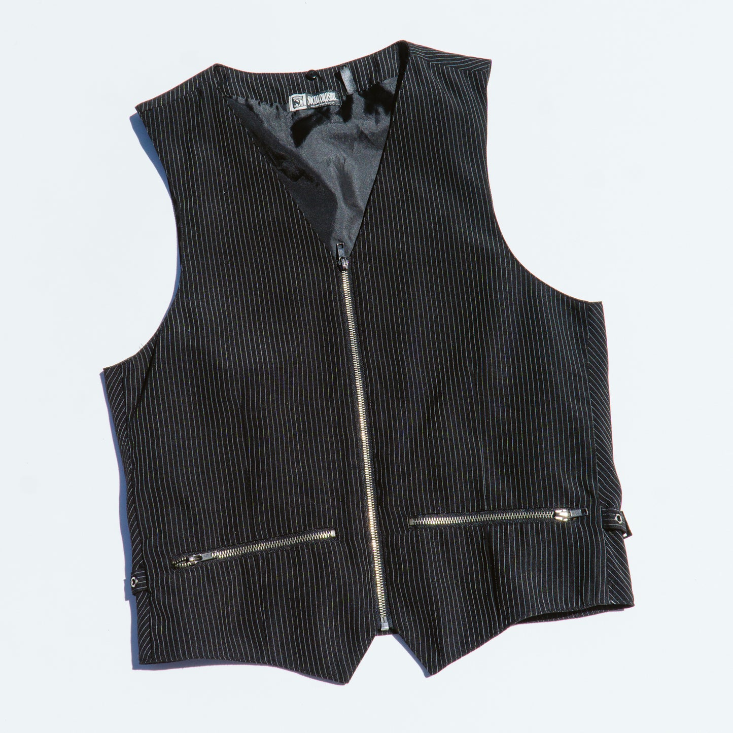 Men's Black Punk Pinstripe Buckle Vest | M