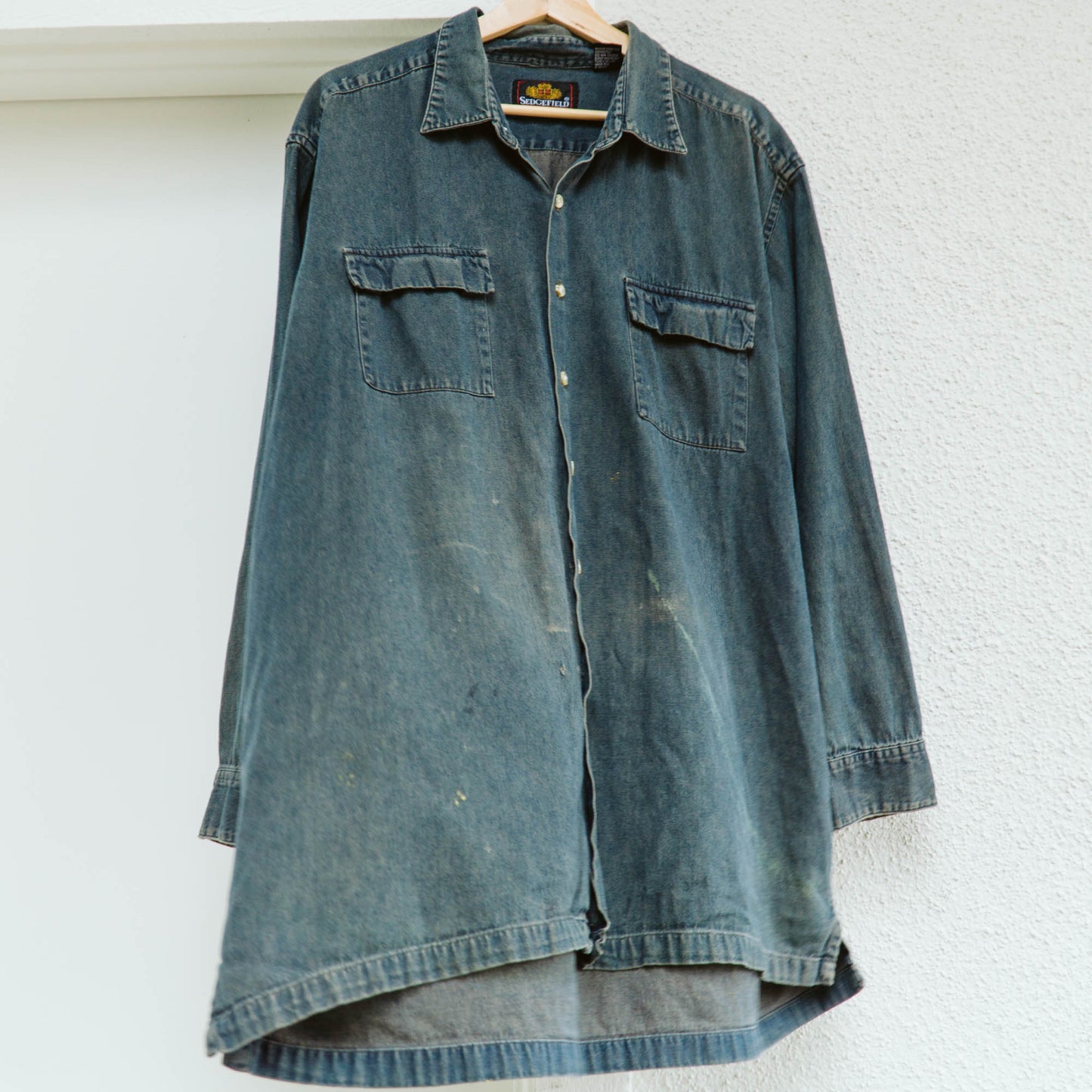 Men's Distressed Denim Button Down Shirt | XL