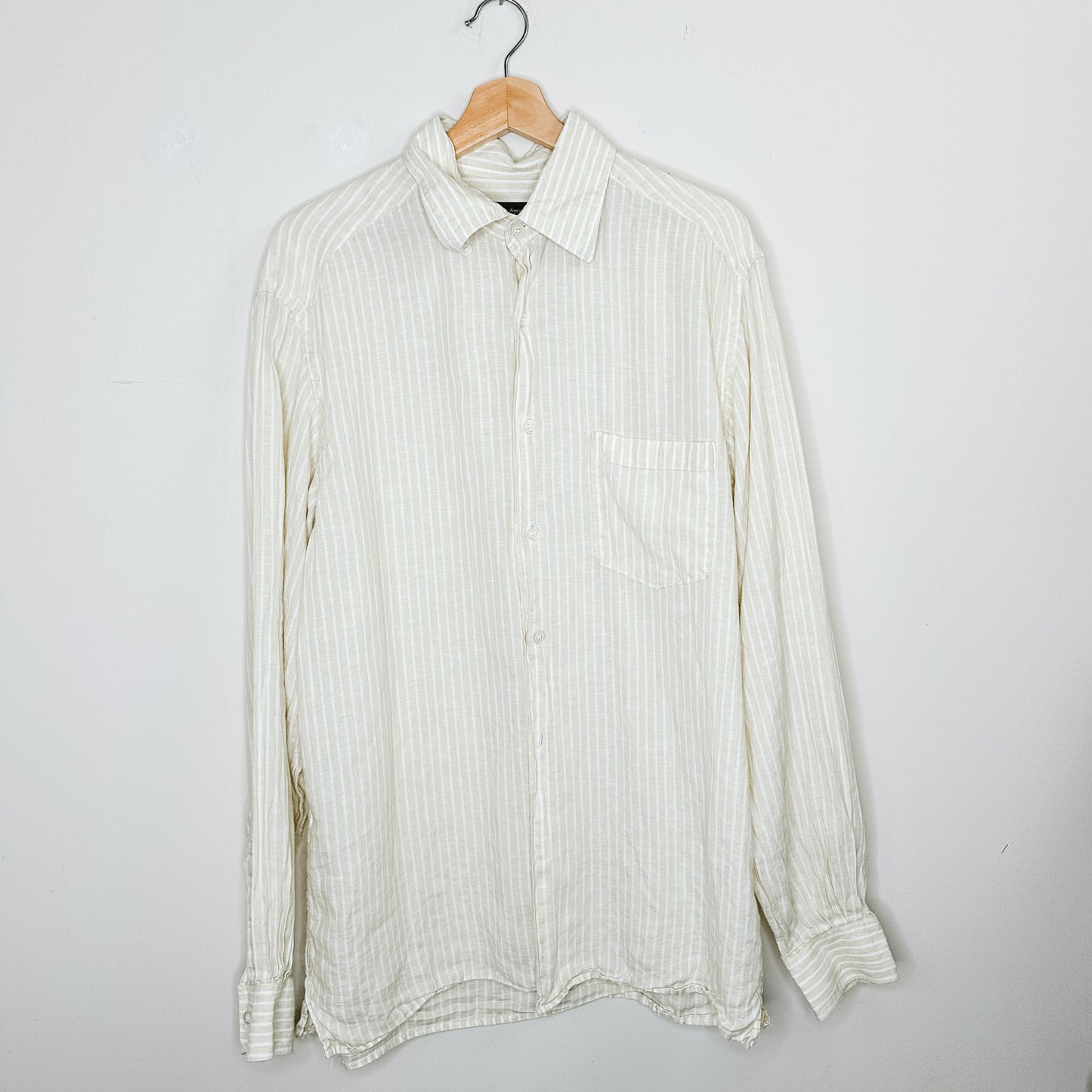 Men's Linen Cream Stripe Button Down Shirt | L