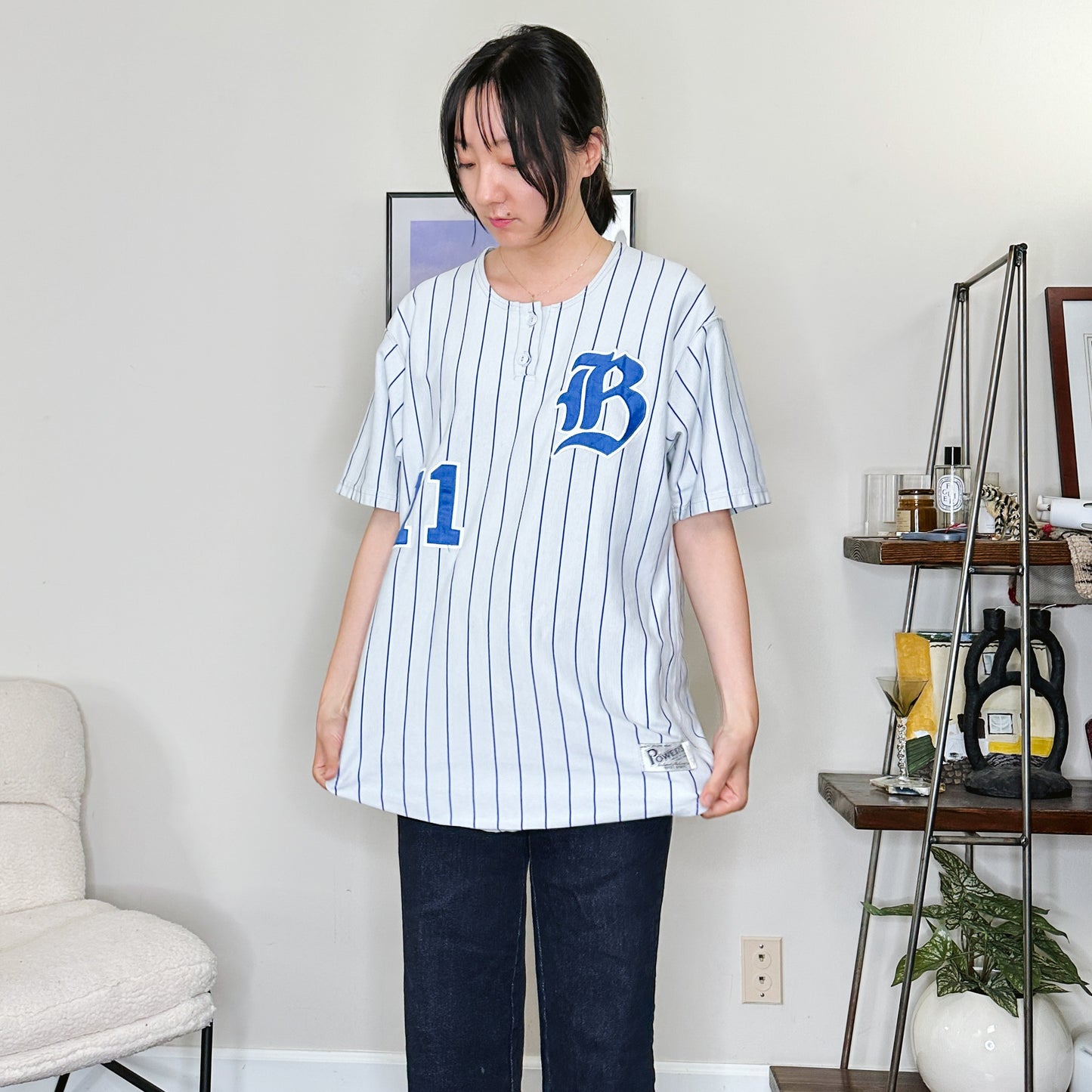 Men's Y2K Pinstripe Baseball Jersey Tee | L