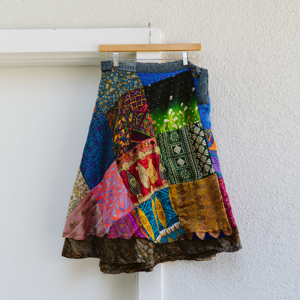 Silk Patchwork Wrap Skirt | O/S