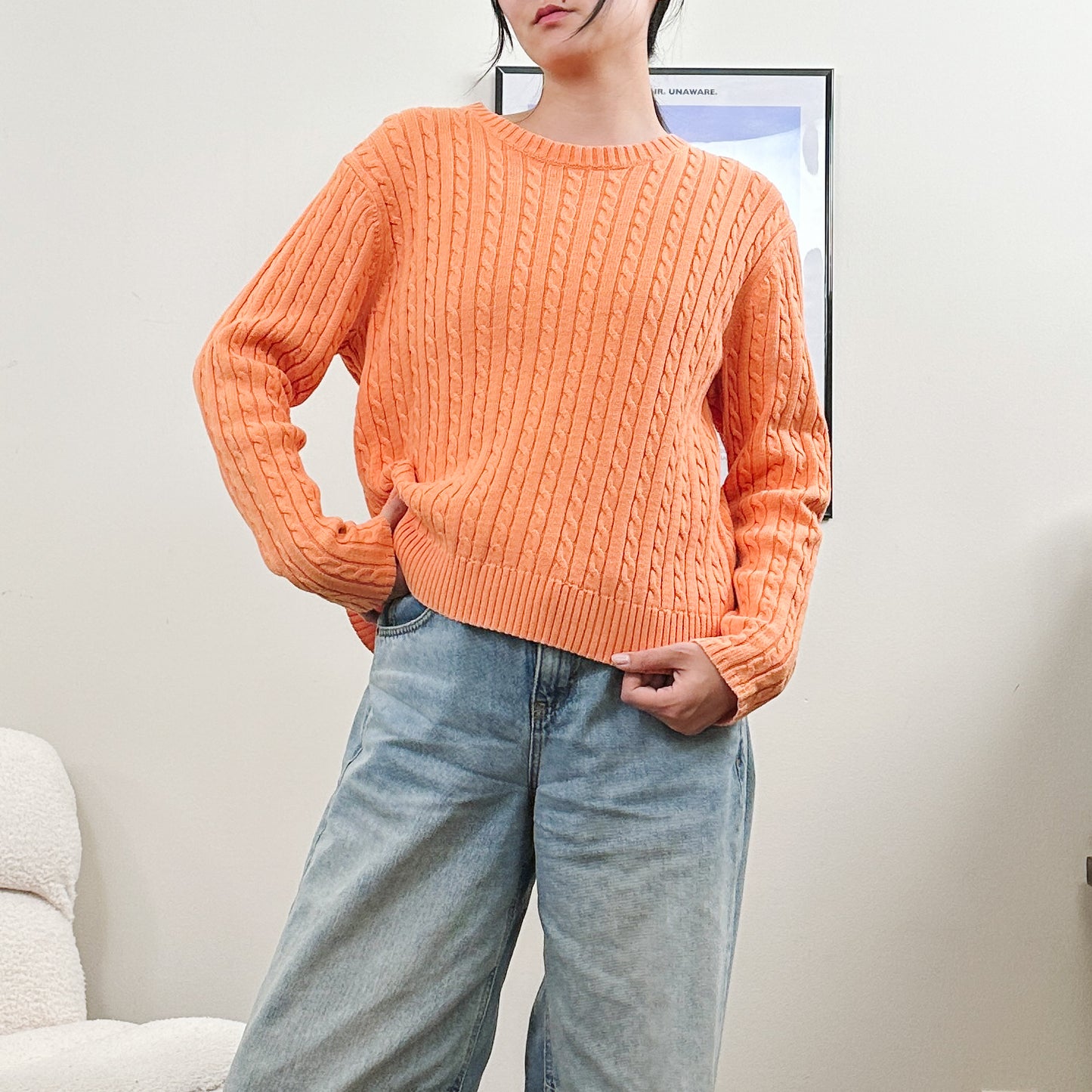 Tangerine Orange Cable Knit Sweater | M