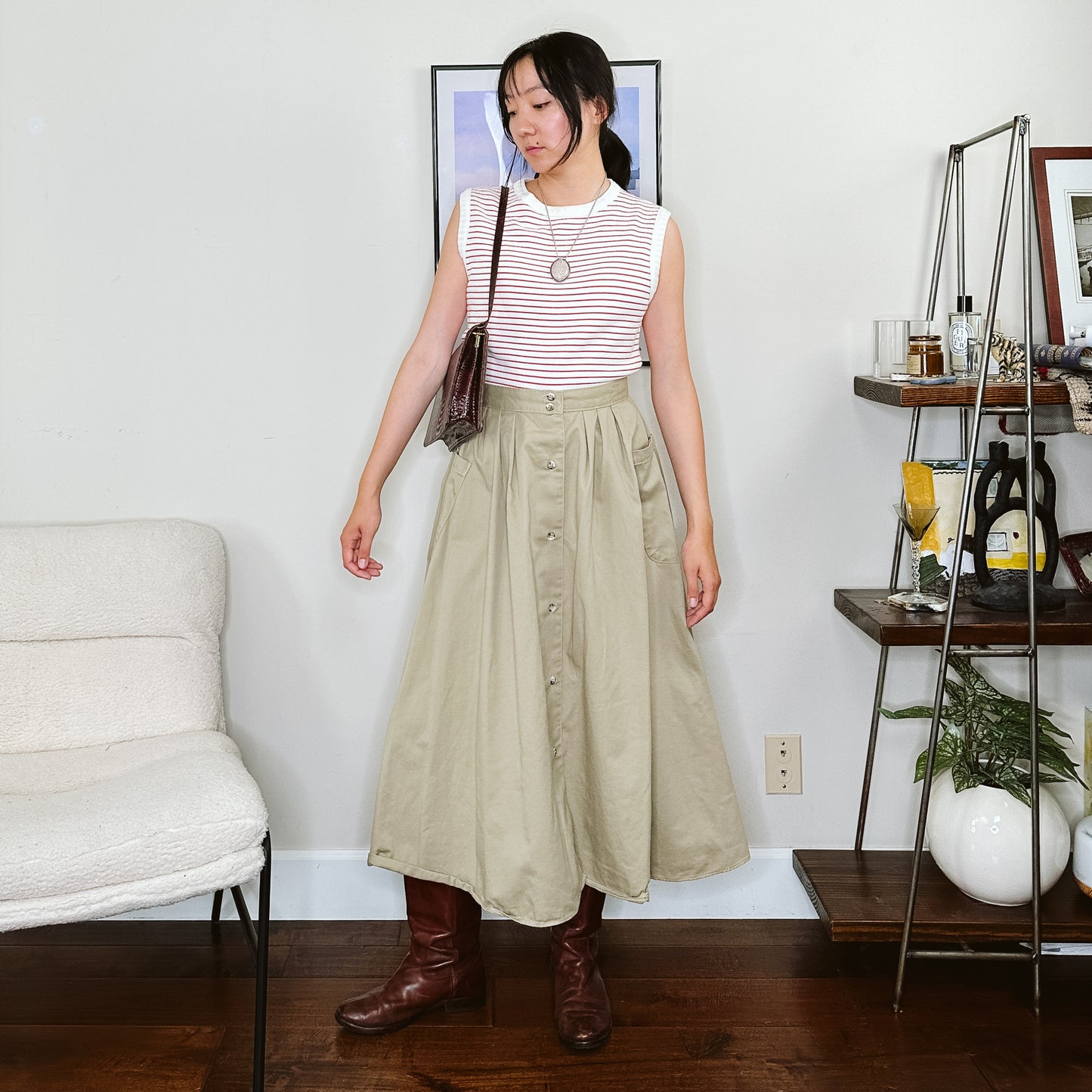 Y2K A Line Tan Midi Skirt | M