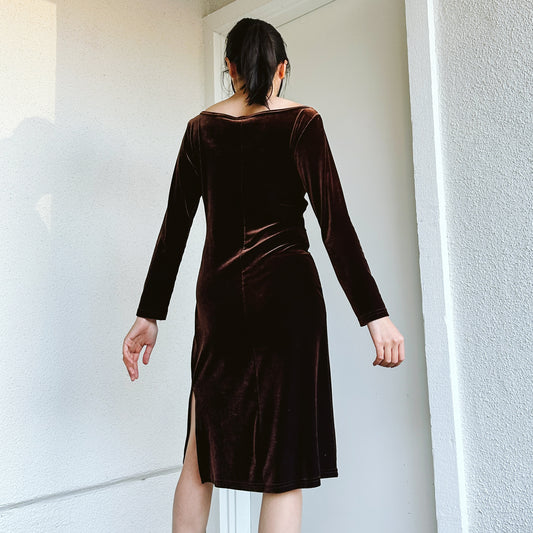 Y2K Brown Off Shoulder Velvet Dress | L