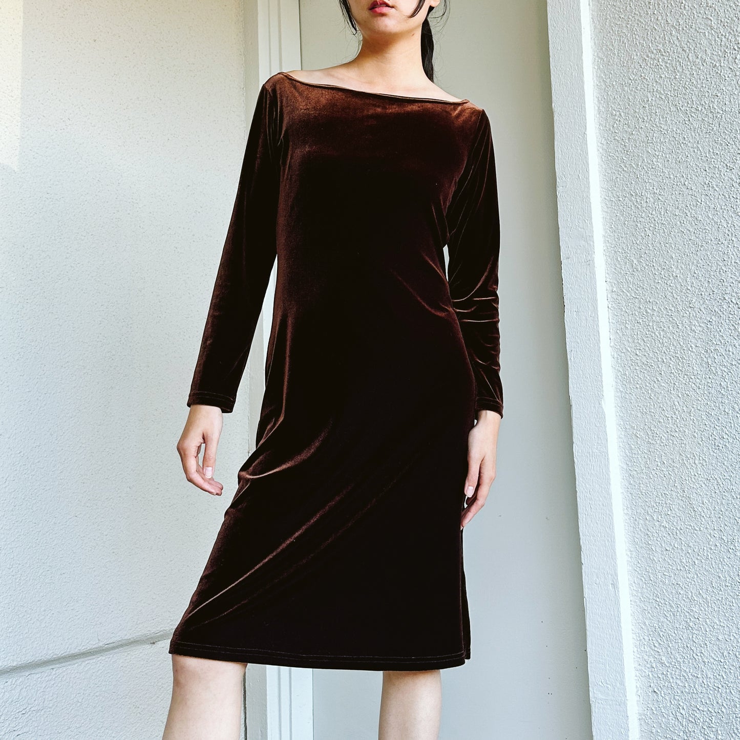 Y2K Brown Off Shoulder Velvet Dress | L