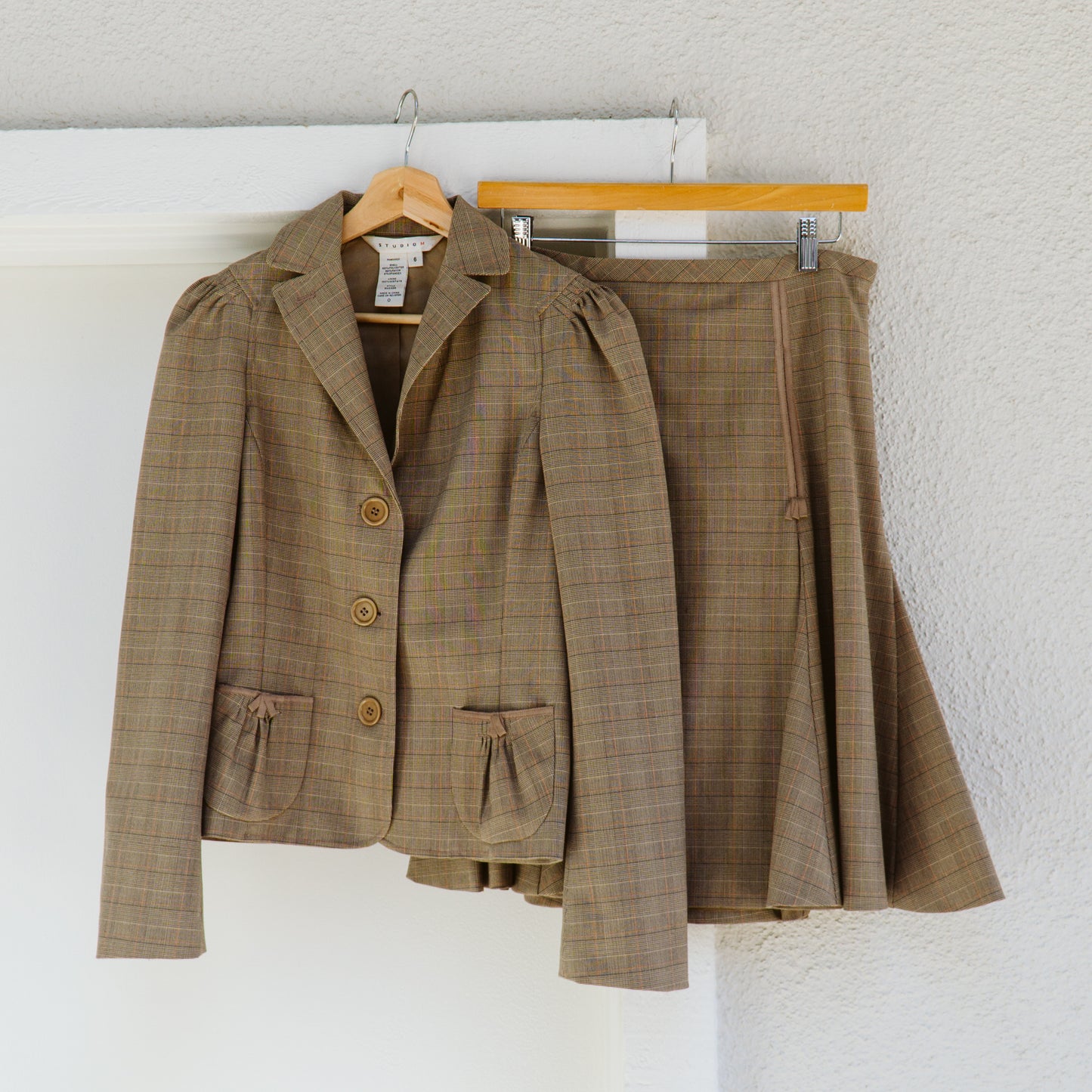 Y2K Brown Plaid Blazer and Skirt Set | M