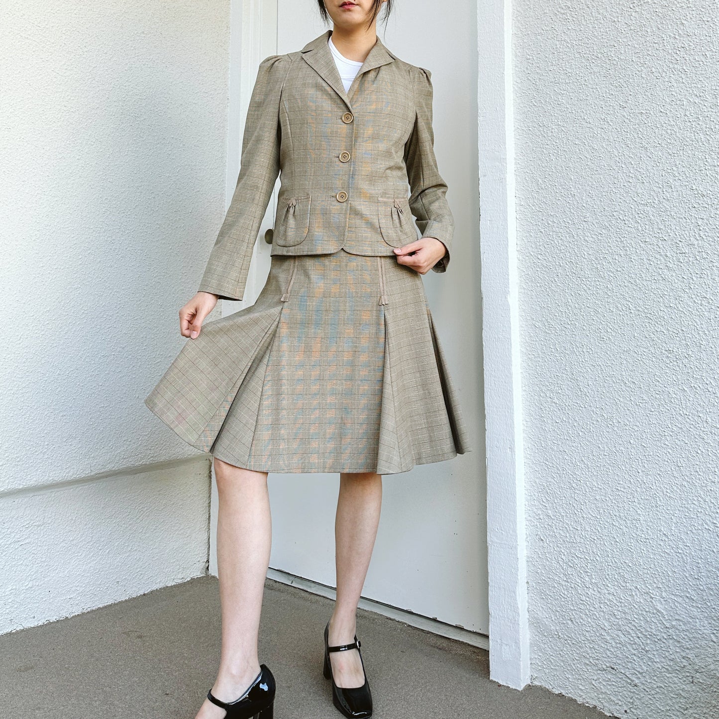 Y2K Brown Plaid Blazer and Skirt Set | M