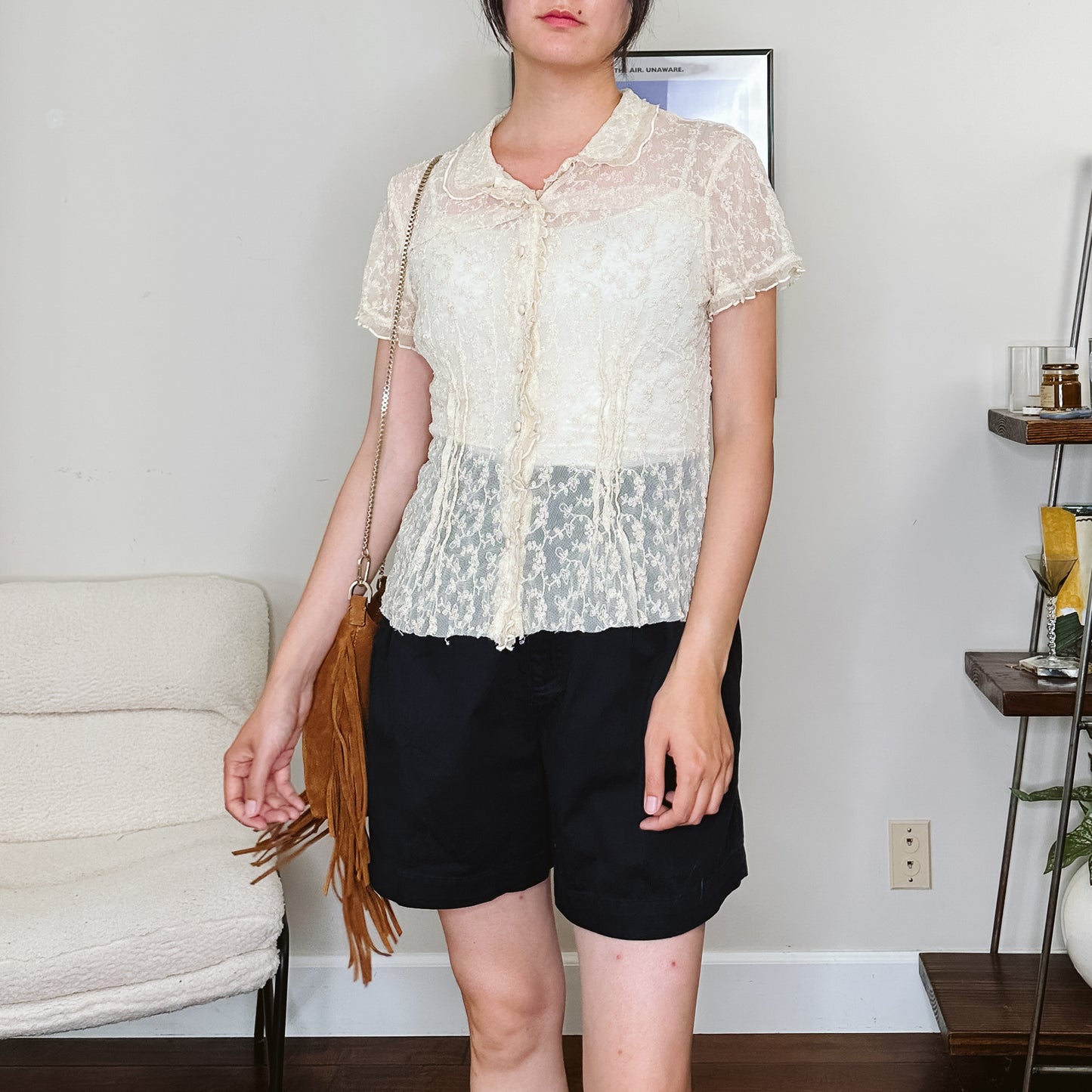 Y2K Cream Lace Button Up Blouse | M