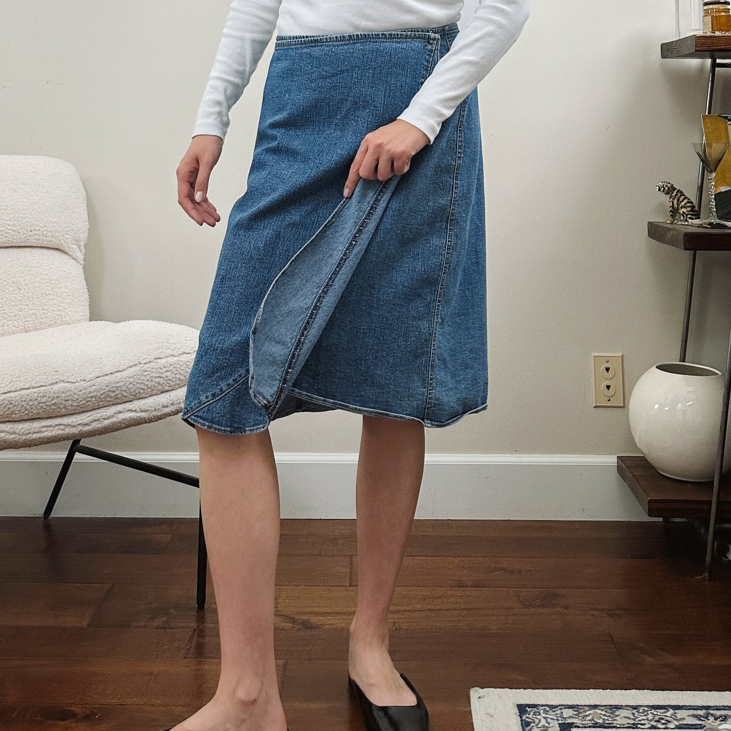 Y2K Denim Wrap Seam Midi Skirt | L