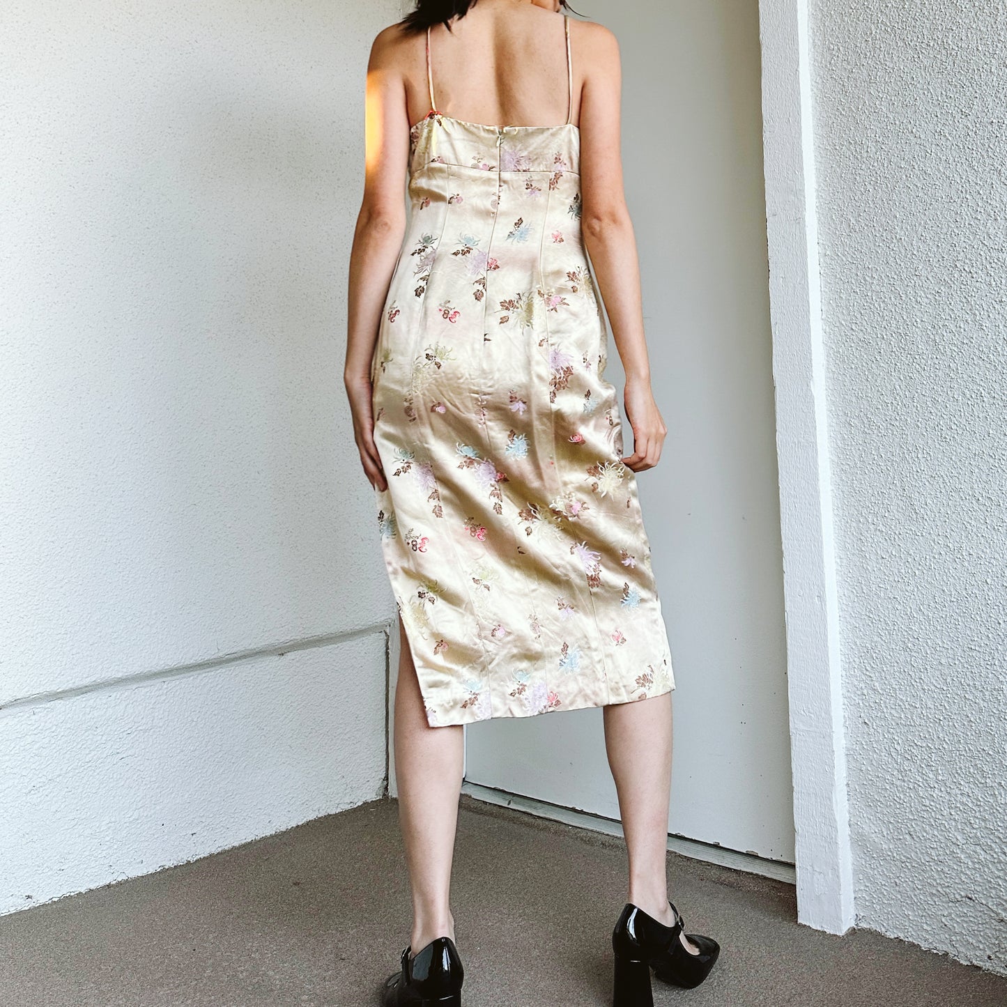 Y2K Gold Satin Floral Midi Dress | M