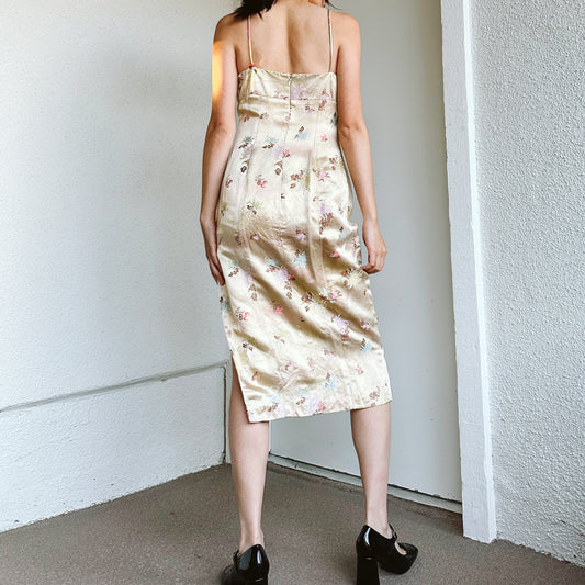 Y2K Gold Satin Floral Midi Dress | M