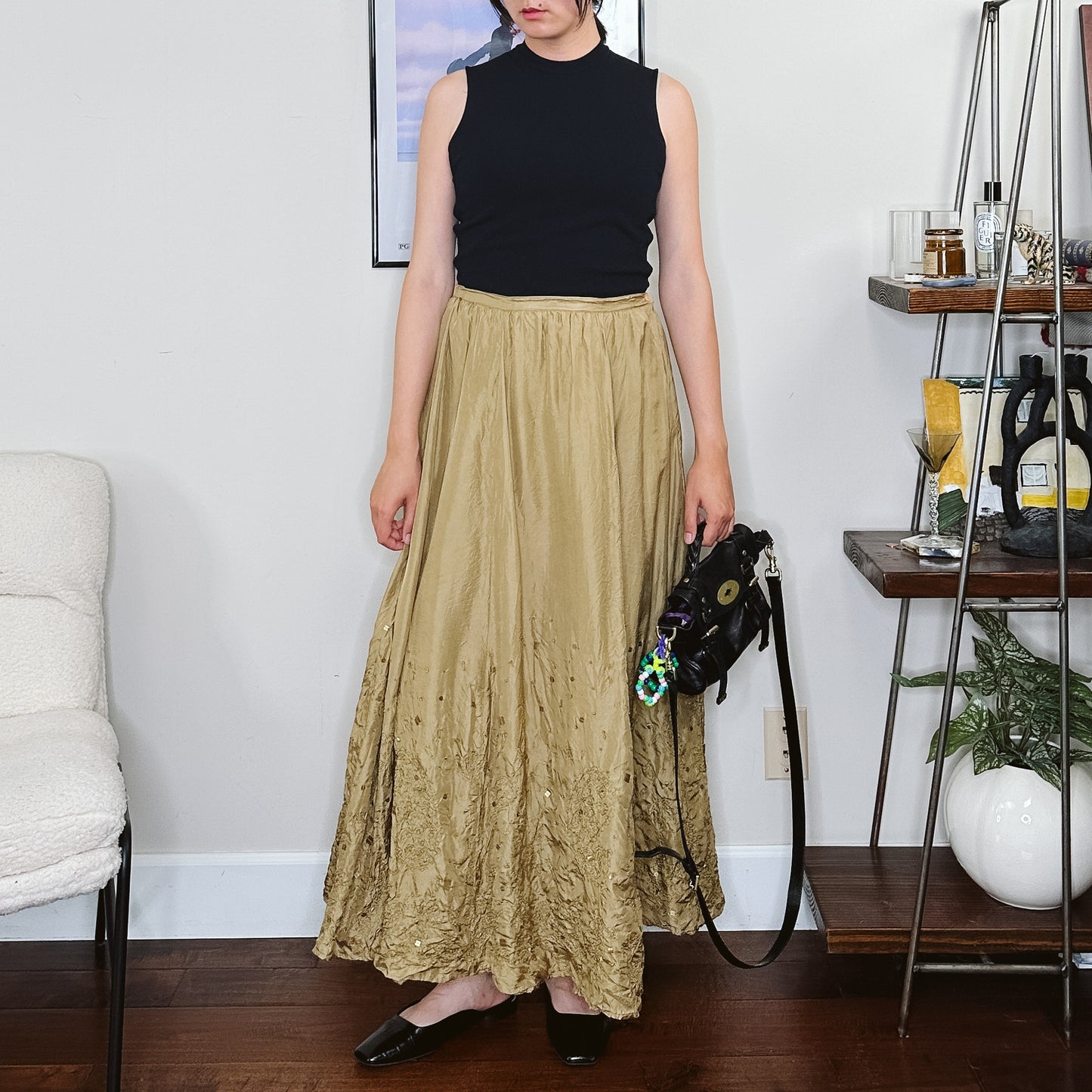 Y2K Golden Olive Crinkle Silk Maxi Skirt | M