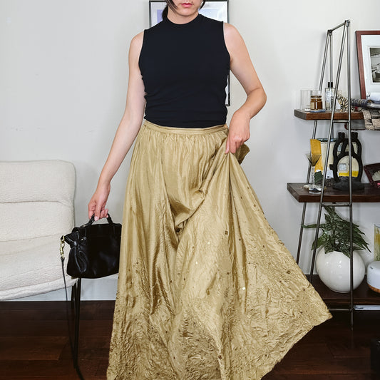 Y2K Golden Olive Crinkle Silk Maxi Skirt | M