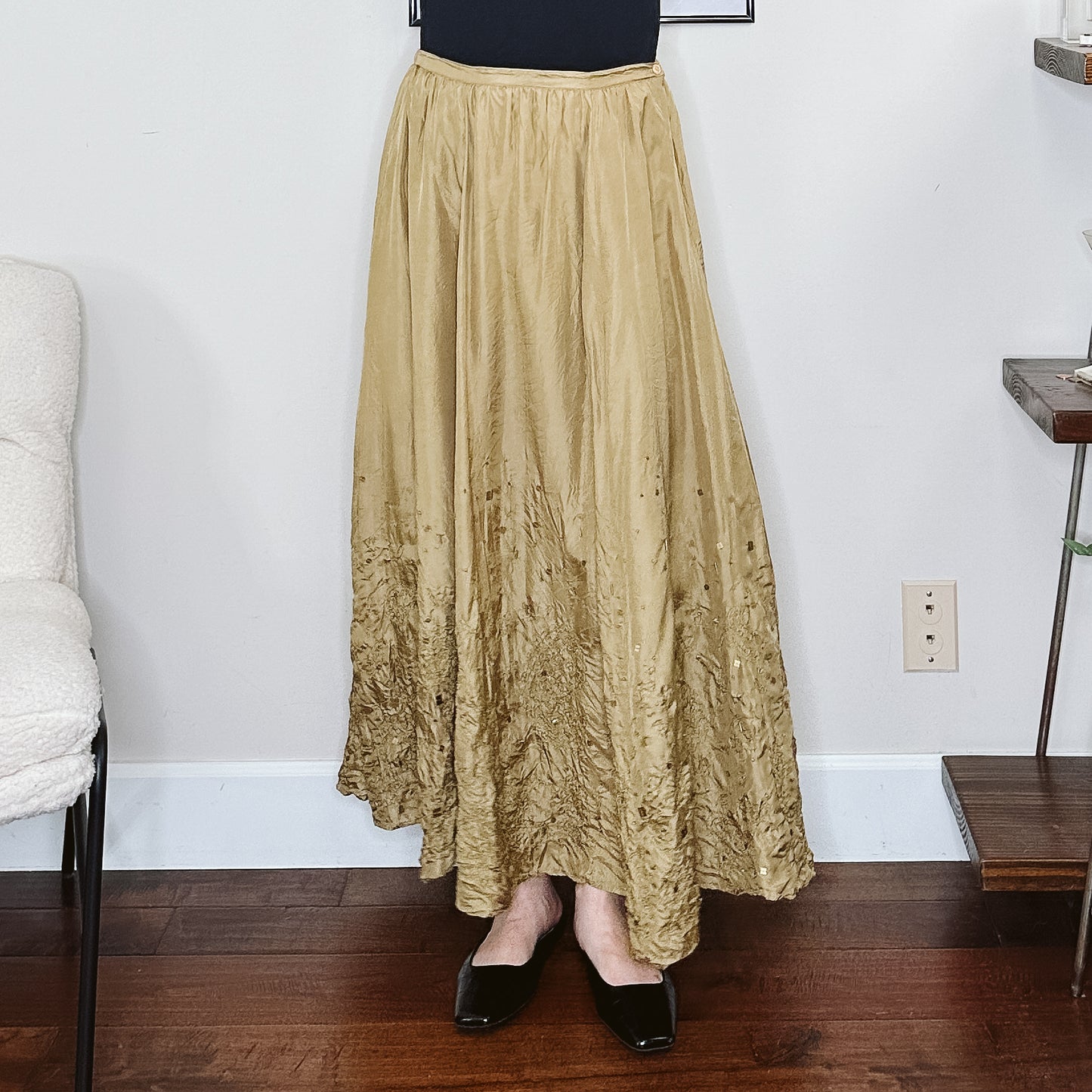 Y2K Golden Olive Crinkle Silk Maxi Skirt | M