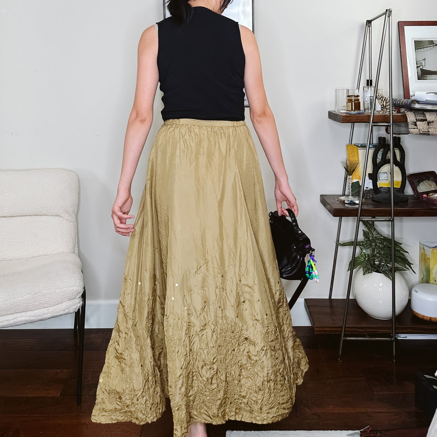 Y2K Golden Olive Crinkle Silk Maxi Skirt | M