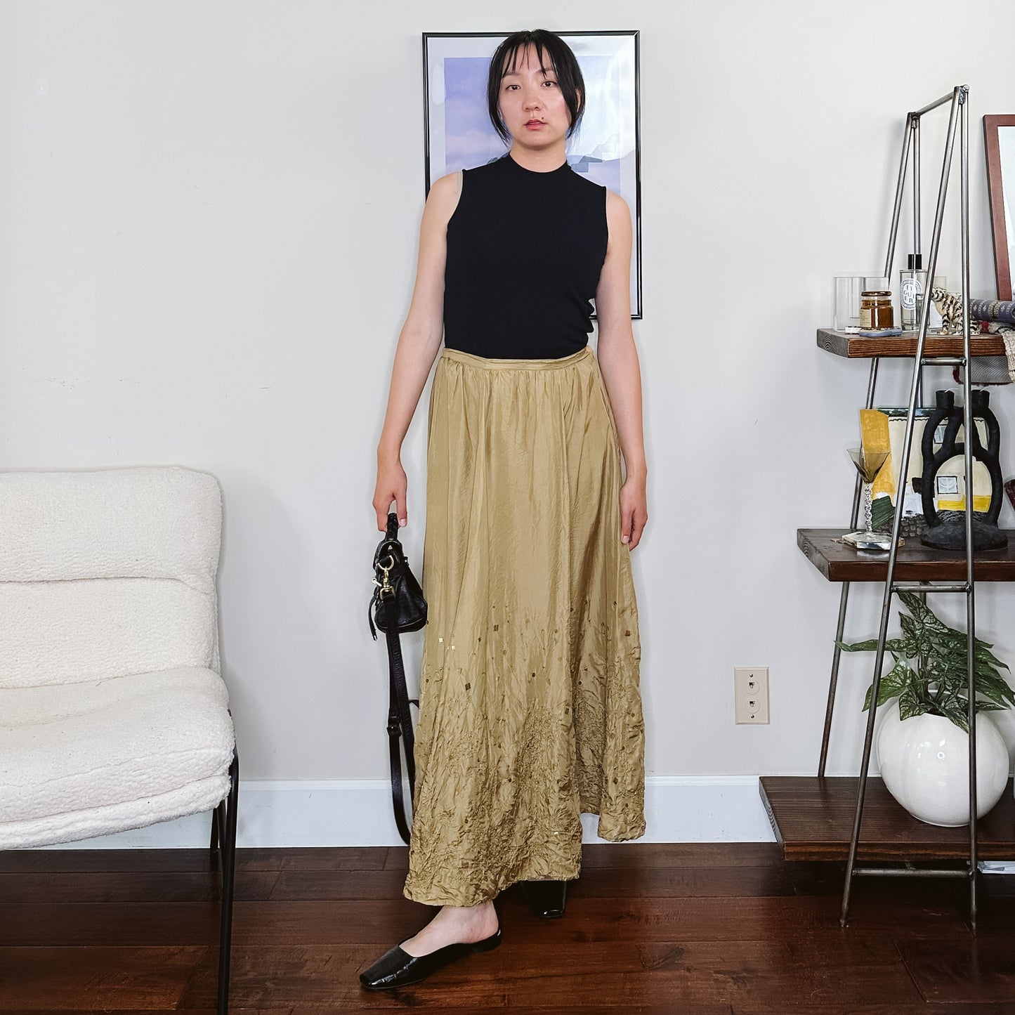 Y2K Golden Olive Crinkle Silk Maxi Skirt | M