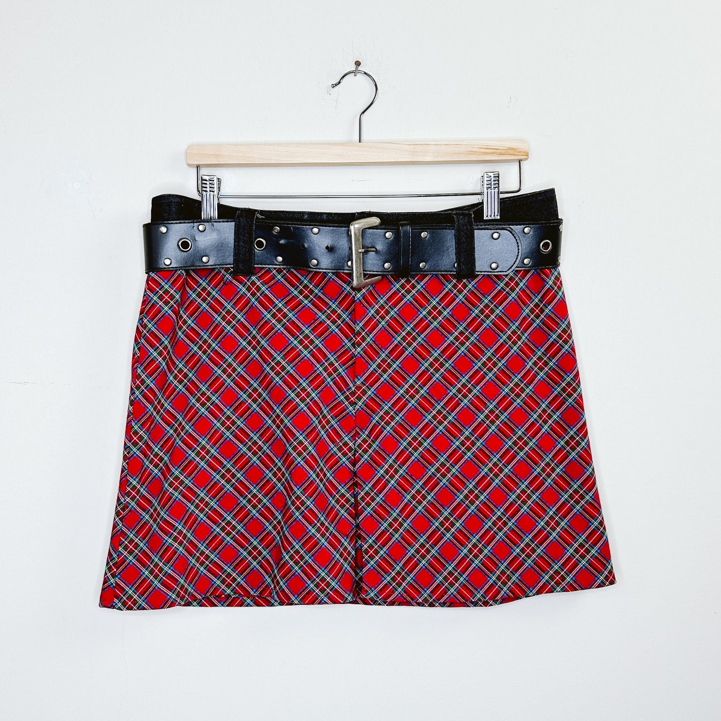 Y2K Red Tartan Mini Skirt with Belt | L