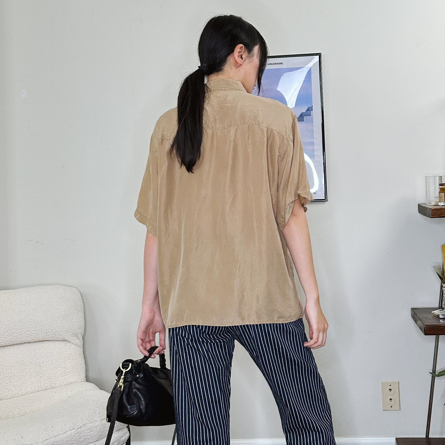 Y2K Tan Silk Short Sleeve Shirt | M