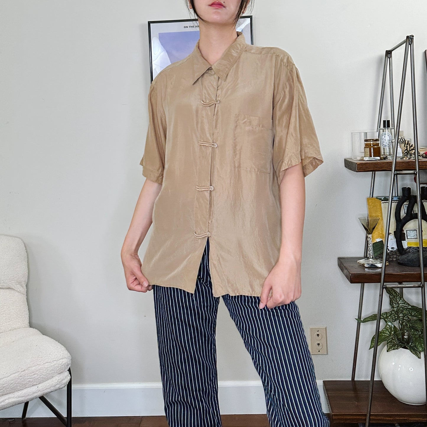 Y2K Tan Silk Short Sleeve Shirt | M