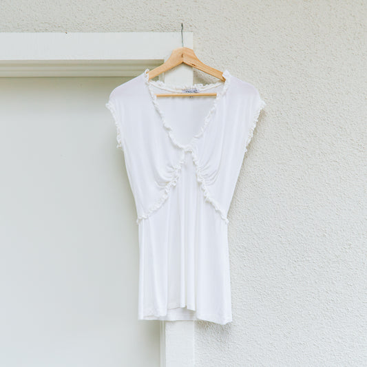 Y2K White Ruffle Jersey Blouse | M/L