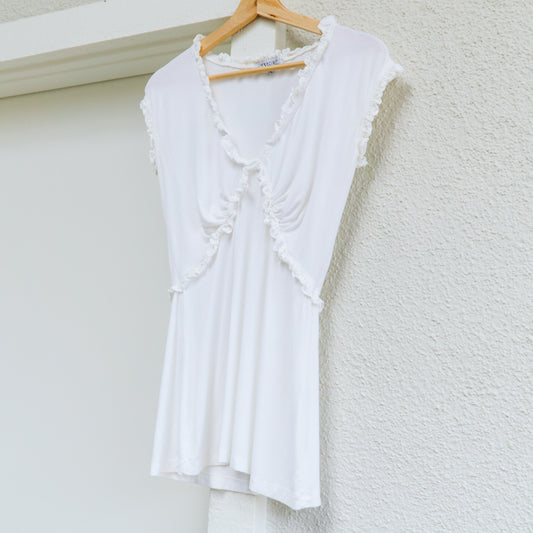 Y2K White Ruffle Jersey Blouse | M/L