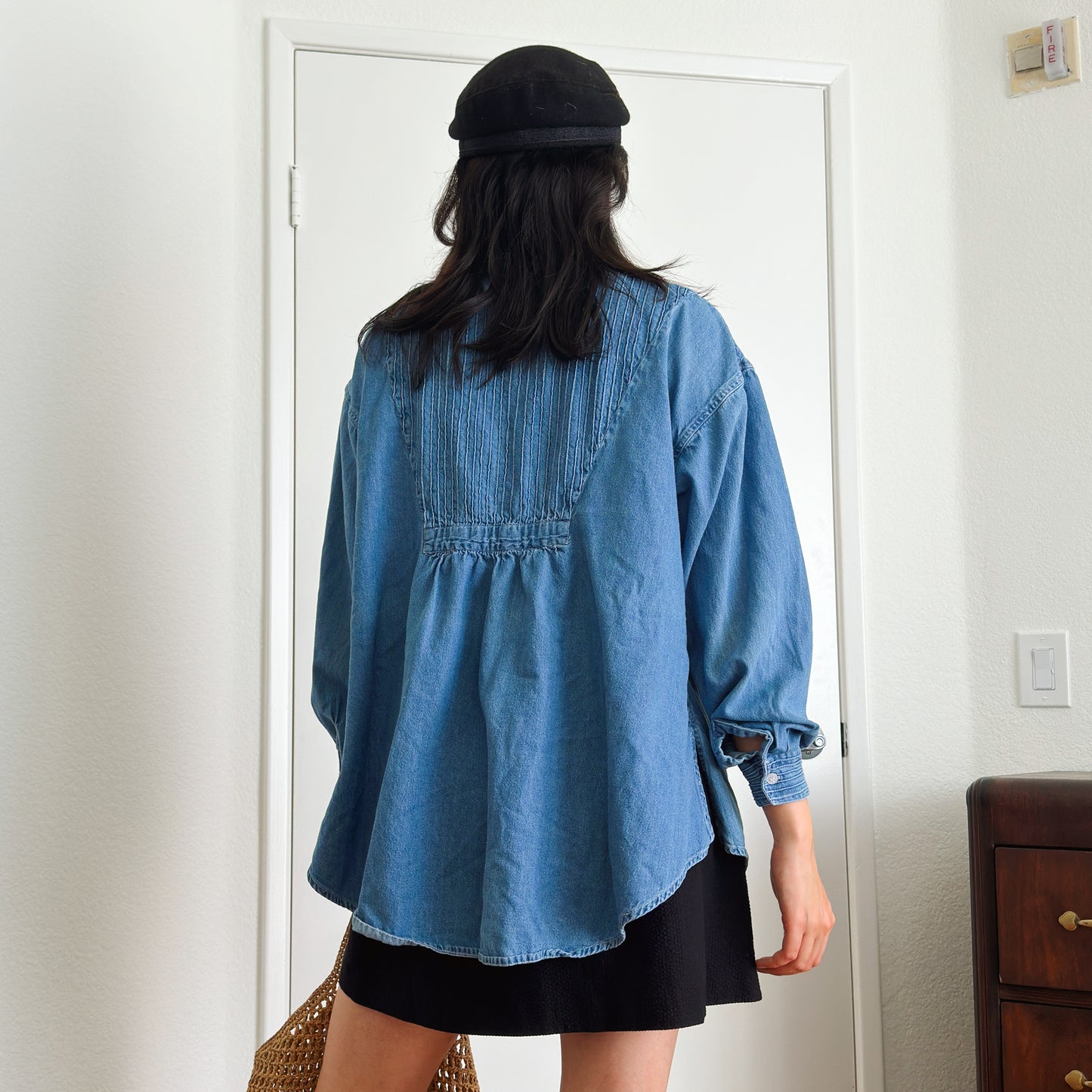 Y2K Pleated Bib Denim Shirt | M