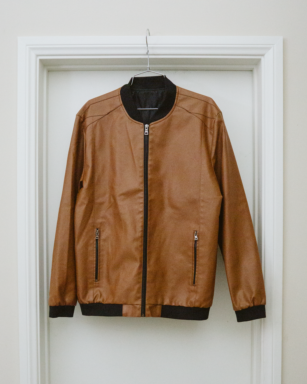 Men's Faux Leather Camel Bomber Jacket | M