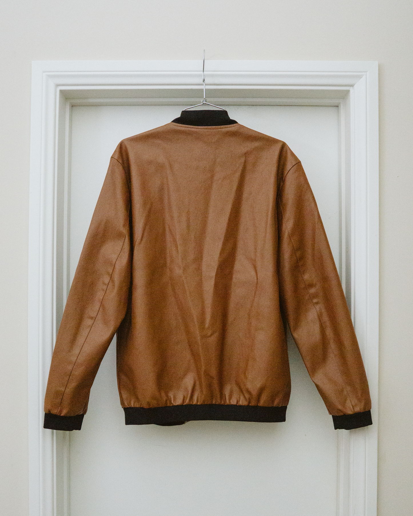 Men's Faux Leather Camel Bomber Jacket | M